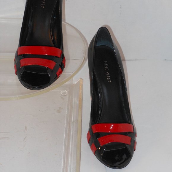 NINE WEST BLACK AND RED LEATHER OPEN TOE PUMPS SIZ - Picture 5 of 5